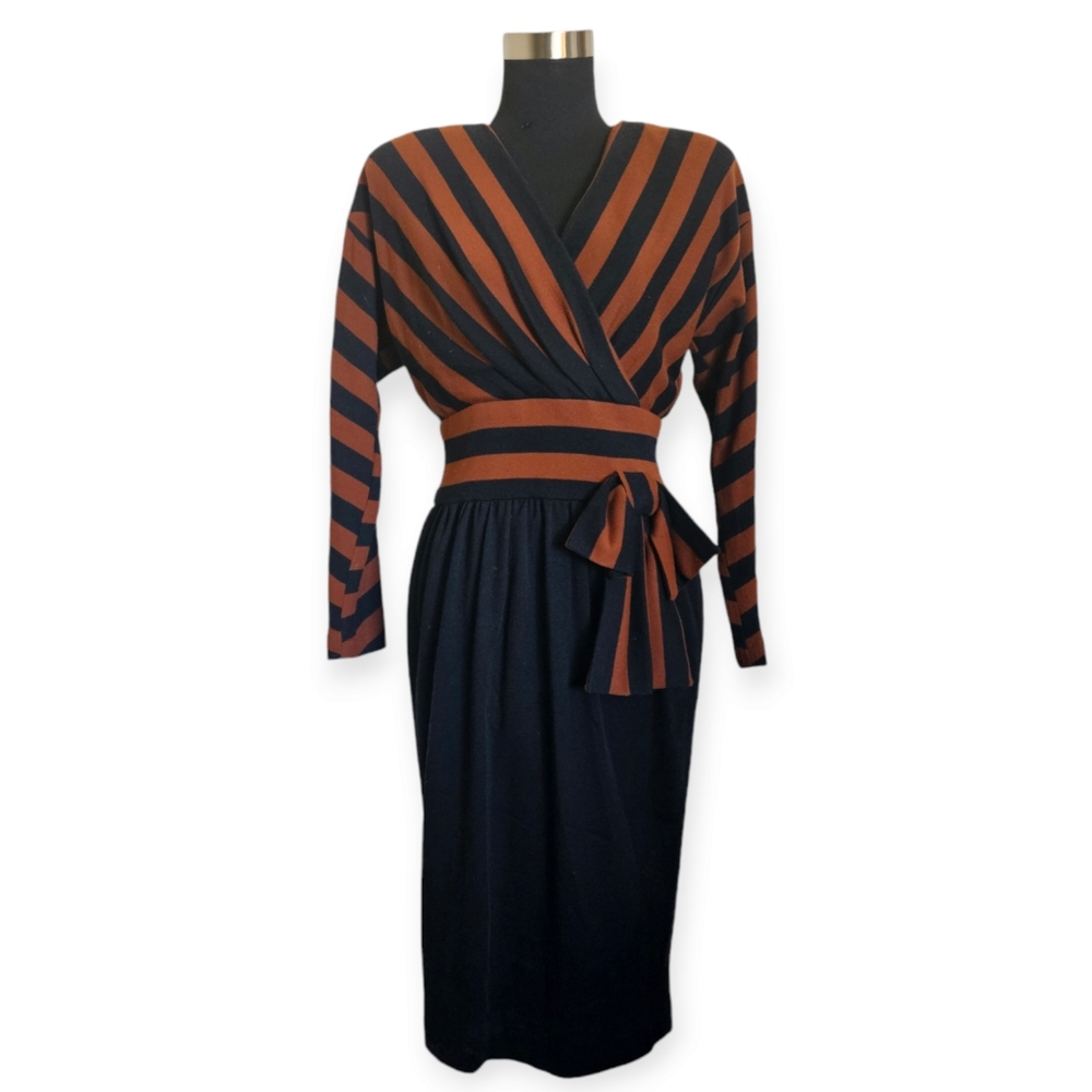 Vintage Outlines Debora Kuchmé Brown and Black Striped Midi Dress Size 6